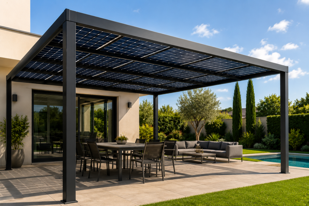 Photo d'une Pergola solaire avec plusieurs panneaux photovolta&iuml;que abritant un salon de jardin