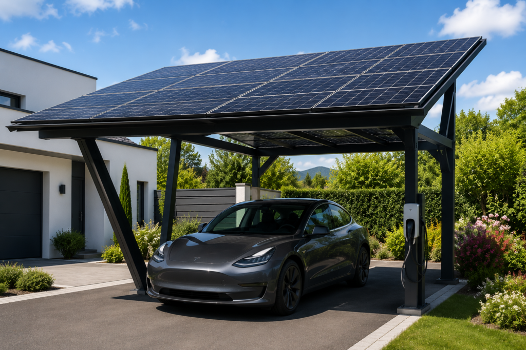Photo d'un abris de voiture avec des panneaux solaires au dessus