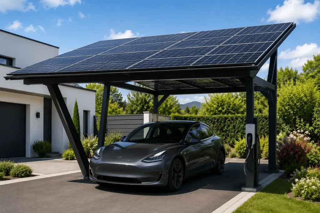 Photo d'un abris de voiture avec des panneaux solaires au dessus