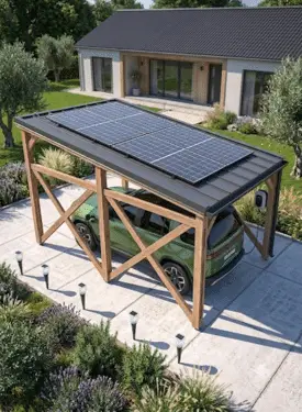 Photo d'un abris de voiture avec des panneaux solaires au dessus